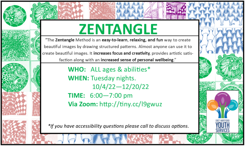 Zentangle classes run virtually on Tuesday nights at 6pm. Click here to go to zoom registration page.