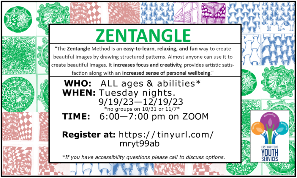 zentangle advertising graphic. See above paragraph for more information and to register.