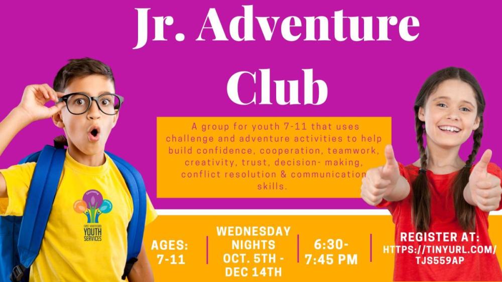 Jr. Adventure Club graphic.  Click to register. 