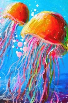 Two bright, multi-colored jelly fish in blue water