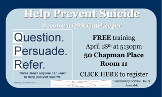 QPR Suicide Prevention Training April 18th at 5:30pm (50 Chapman Place)