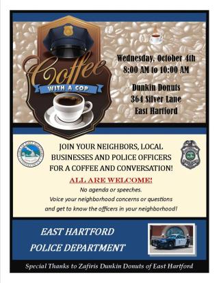 Coffee with a Cop - October 4, 8-10AM - Silver Lane Dunkin Donuts