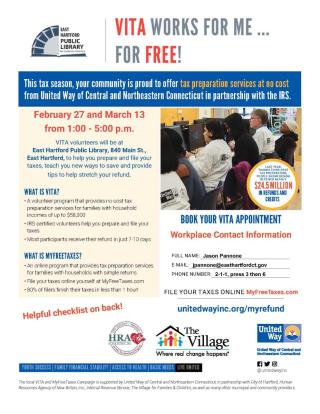 VITA to Offer Free Pop-Up Tax Preparation Clinics at the East Hartford Public Library during Tax Season