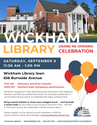 MEDIA ADVISORY: Join us Saturday, September 9 from 11:30 AM – 1 PM  for the Wickham Memorial Library Grand Re-Opening Celebratio