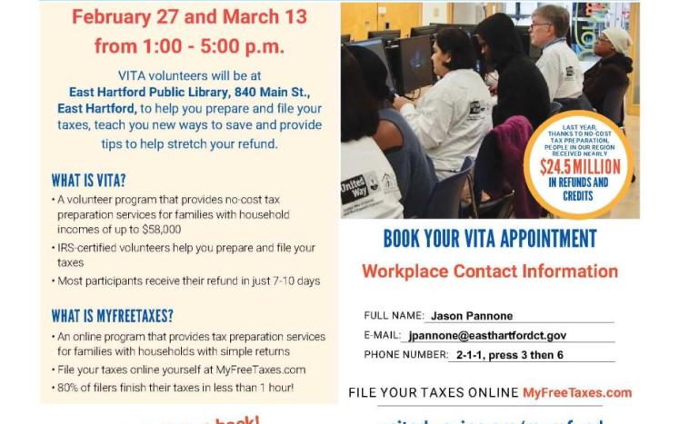 VITA to Offer Free Pop-Up Tax Preparation Clinics at the East Hartford Public Library during Tax Season